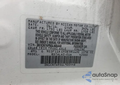 2016 Nissan Versa S z USA, uszkodzony, nr VIN 3N1CN7AP5GL905448